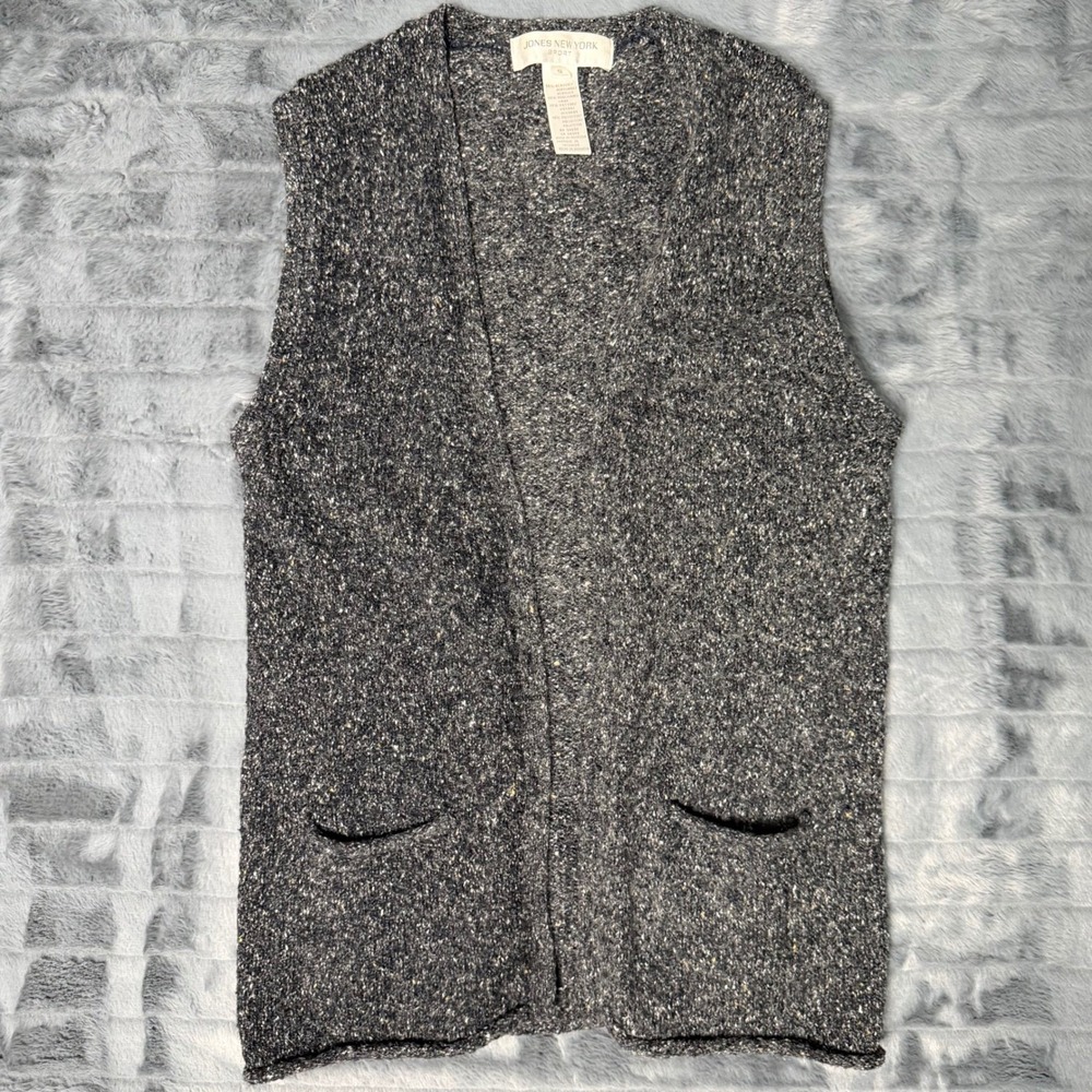 Jones New York Sport Gray Marled Knit Sweater Vest Open Front Pockets Small